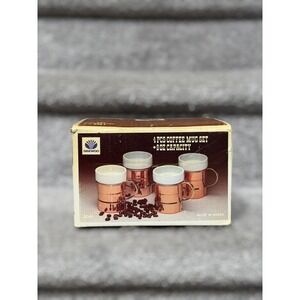 Vintage 70s Copper Coffee Mug Set Daewoo Brass Handle Korea Retro Rustic Barware